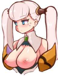 Rule 34 | 1girl, blue eyes, blush, breasts, breasts out, commentary request, cropped torso, detached collar, konarofu, large breasts, light frown, looking to the side, nipples, shiny skin, solo, tolone (xenogears), twintails, upper body, white hair, xenogears
