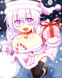 Rule 34 | 1girl, adapted costume, ankle boots, bad id, bad pixiv id, bell, between breasts, black thighhighs, blush, boots, breasts, brown footwear, candy, candy cane, christmas, collar, food, fur boots, gift, hat, kisaragi zwei, large breasts, light purple hair, looking at viewer, merlin prismriver, mittens, musical note, neck bell, open mouth, purple eyes, sack, skirt, skirt set, smile, snowing, solo, symbol-shaped pupils, thighhighs, touhou