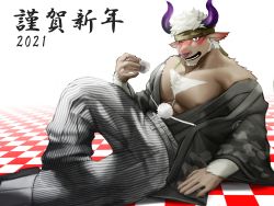 Rule 34 | 1boy, 2021, absurdres, alternate costume, animal ears, bara, bare pectorals, black kimono, brown fur, camouflage, camouflage headwear, chest hair, chinese zodiac, cow ears, cow horns, drunk, foot out of frame, furry, furry male, hakama, hakama pants, happy new year, head tilt, headband, highres, horns, japanese clothes, kimono, large pectorals, male focus, midriff peek, minotaur, mint, muscular, muscular male, new year, nipples, off shoulder, one eye closed, open clothes, open kimono, pants, pectorals, purple eyes, purple horns, shennong (housamo), short hair, sitting, solo, tokuni (toktoktokuni), tokyo houkago summoners, white hair, year of the ox