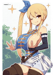 Rule 34 | ;p, bare shoulders, blonde hair, boots, breasts, cowboy shot, fairy tail, fanbox username, fingernails, hair between eyes, large breasts, long fingernails, lucy heartfilia, miniskirt, one eye closed, outdoors, pouch, side ponytail, sideboob, skirt, thigh boots, tongue, tongue out, virus-g, white skirt