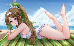 Rule 34 | 1girl, beach, blue sky, borrowed character, borrowed design, breasts, brown hair, casual one-piece swimsuit, cloud, commentary, commission, crab, day, djloops, english commentary, frilled one-piece swimsuit, frills, green eyes, highres, long hair, lying, multicolored hair, on stomach, one-piece swimsuit, original, outdoors, ponytail, purple eyes, sky, small breasts, solo, streaked hair, swimsuit, v, white one-piece swimsuit