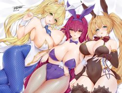 Rule 34 | 3girls, alternate hairstyle, animal ears, artoria pendragon (all), artoria pendragon (fate), artoria pendragon (swimsuit ruler) (fate), black leotard, blonde hair, blue eyes, blush, bow, bowtie, bradamante (fate), bradamante (welcome bunny) (fate), braid, breasts, bridal gauntlets, cleavage, crown braid, detached collar, fake animal ears, fate/grand order, fate (series), fishnet legwear, fishnets, green eyes, hairband, highleg, highleg leotard, large breasts, leotard, light brown hair, long hair, looking at viewer, lying, multiple girls, official alternate costume, pantyhose, parted lips, playboy bunny, purple bow, purple bowtie, purple eyes, purple hair, purple hairband, purple leotard, rabbit ears, scathach (fate), scathach (piercing bunny) (fate), strapless, strapless leotard, thighhighs, toyoman, wrist cuffs