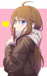 Rule 34 | 1girl, :&gt;, ahoge, arms up, blue eyes, blush, box, box of chocolates, brown coat, brown hair, buttons, checkered background, closed mouth, coat, commentary, english commentary, enpera, from side, gyorui (katsuwo drawing), hair between eyes, heart, highres, holding, holding box, idolmaster, idolmaster million live!, letterboxed, long hair, long sleeves, looking at viewer, looking back, looking to the side, pink background, plaid, plaid scarf, scarf, sidelocks, sleeves past wrists, smile, solo, tokoro megumi, upper body, valentine