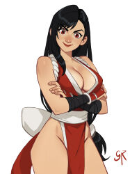 1girl artist_name bare_hips black_hair breasts brown_eyes cleavage commentary cosplay cowboy_shot crossed_arms english_commentary final_fantasy final_fantasy_vii galmesh_rosewood head_tilt highres large_breasts long_hair looking_at_viewer low-tied_long_hair no_panties pelvic_curtain shiranui_mai shiranui_mai_(cosplay) simple_background solo tifa_lockhart very_long_hair white_background