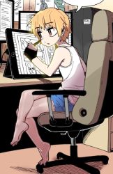 Rule 34 | 1boy, barefoot, black gloves, blonde hair, chair, crossed legs, drawing tablet, feet, full body, gloves, jeong sana, male focus, office chair, parkgee, red eyes, short shorts, shorts, sitting, solo, stylus, suicide boy, swivel chair, tank top