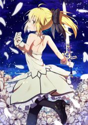 Rule 34 | 1girl, ahoge, artoria pendragon (all), artoria pendragon (fate), black bow, black footwear, black pantyhose, blonde hair, blue sky, bow, caliburn (fate), choker, dress, excalibur (fate/stay night), fate/unlimited codes, fate (series), floating hair, flower, gloves, green eyes, hair between eyes, hair bow, head tilt, high heels, highres, holding, holding sword, holding weapon, kawaruhi, leg up, long hair, outdoors, outstretched arms, pantyhose, parted lips, petals, ponytail, pumps, saber lily, short dress, shoulder blades, sky, solo, standing, standing on one leg, strapless, strapless dress, sword, weapon, white dress, white flower, white gloves