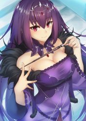 Rule 34 | 1girl, bad id, bad pixiv id, breasts, cleavage, commentary request, dress, fate/grand order, fate (series), fur trim, hair between eyes, jewelry, large breasts, long hair, looking at viewer, pinta (ayashii bochi), purple dress, purple hair, red eyes, scathach (fate), scathach skadi (fate), smile, solo, tiara, wand