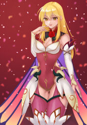 Rule 34 | 1girl, absurdres, alternate costume, bare shoulders, blonde hair, boots, breasts, cape, cecilia (fire emblem), cecilia (fire emblem) (cosplay), cecilia (resplendent) (fire emblem), cleavage, commission, cosplay, covered navel, dress, elbow gloves, falling petals, fire emblem, fire emblem: genealogy of the holy war, fire emblem: the binding blade, fire emblem heroes, flower, full body, garter straps, gloves, gold trim, gradient clothes, hand on own face, hazuki (nyorosuke), high heel boots, high heels, highres, lachesis (fire emblem), long hair, looking at viewer, medium breasts, nintendo, overskirt, pelvic curtain, petals, plant, red background, short dress, simple background, skeb commission, sleeveless, smile, solo, standing, thigh boots, thorns, vines, yellow eyes