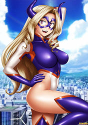 Rule 34 | 1girl, arm over head, artist name, blonde hair, boku no hero academia, breasts, city, cityscape, collarbone, domino mask, dreadlocks, giant, giantess, hand on own hip, hand on own head, highleg, highleg leotard, highres, horn ornament, horns, impossible clothes, leotard, long hair, looking at viewer, mask, medium breasts, mount lady, navel, open mouth, purple eyes, skin tight, solo, tenzen, thighhighs