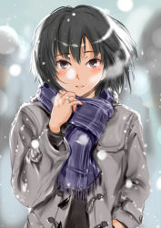 Rule 34 | 1girl, amagami, black eyes, black hair, blush, bob cut, breath, coat, commentary request, jewelry, looking at viewer, murasaki iro, nanasaki ai, ring, scarf, short hair, smile, snow, snowflakes, snowing, solo, wedding band, winter, winter clothes