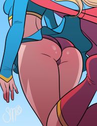 Rule 34 | 1girl, ass, ass focus, blonde hair, blue skirt, boots, breasts, cameltoe, cape, clothes lift, curvy, dc comics, flying, head out of frame, highres, justice league, legs, lower body, panties, pantyshot, red cape, red footwear, red panties, sgtmadness, sideboob, skirt, skirt lift, solo, supergirl, superhero costume, superman (series), thighs, underwear, upskirt