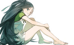 Rule 34 | 1girl, barefoot, black hair, blue eyes, closed mouth, flat chest, from side, hair ribbon, hip vent, japanese clothes, kantai collection, katsuragi (kancolle), long hair, ponytail, ribbon, short sleeves, simple background, sitting, skirt, solo, suzuka (suzuka9111), white background, white skirt