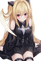 Rule 34 | 1girl, absurdres, bare shoulders, belt, black shirt, black skirt, blonde hair, breasts, cleavage cutout, clothing cutout, detached sleeves, expressionless, hair intakes, hair ornament, highres, jimmy madomagi, konjiki no yami, long hair, long sleeves, looking at viewer, medium breasts, miniskirt, red eyes, shirt, simple background, sitting, skirt, solo, thigh belt, thigh strap, thighs, to love-ru, to love-ru darkness, two side up, underbust, very long hair, white background