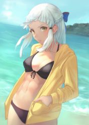 Rule 34 | 1girl, abs, bikini, black bikini, blue ribbon, blunt bangs, braid, breasts, brown hair, cleavage, collarbone, fate/grand order, fate (series), french braid, hands in pockets, highres, jacket, long hair, long sleeves, looking at viewer, medium breasts, muscular, muscular female, navel, ocean, open clothes, open jacket, otsukemono, penthesilea (fate), ribbon, sidelocks, solo, swimsuit, water, white hair, yellow jacket