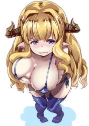 Rule 34 | 1girl, bikini, blonde hair, blue bikini, blue eyes, blue thighhighs, blush, breast hold, breasts, closed mouth, draph, foreshortening, from above, full body, granblue fantasy, half updo, horns, knees together feet apart, large breasts, long hair, looking at viewer, looking up, muneshiro (hitsuji kikaku), pointy ears, razia, scowl, standing, sweat, swimsuit, thighhighs, trembling, very long hair, wavy hair