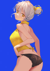 Rule 34 | 1girl, aduo, ass, back, backless outfit, bare arms, bare shoulders, black panties, blonde hair, blue background, breasts, cowboy shot, double bun, from behind, grey hair, hair bun, highres, leaf print, leaning forward, looking at viewer, looking back, medium breasts, multicolored hair, original, panties, parted lips, short hair, simple background, sleeveless, solo, two-tone hair, underwear, yellow eyes