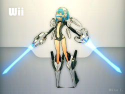 Rule 34 | 1girl, aqua hair, blue hair, clothing cutout, detached wings, dual wielding, energy sword, flat chest, full body, game console, gradient hair, head-mounted display, highres, holding, mecha musume, mechanization, mike inel, multicolored hair, navel, neon trim, nintendo, personification, revealing clothes, side cutout, solo, standing, sword, weapon, wii, wii-tan, wings