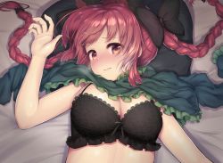 Rule 34 | 1girl, animal ears, bare arms, bed sheet, black bow, black bra, blurry, blush, bow, bra, braid, breasts, cat ears, cleavage, closed mouth, clothes lift, commentary request, depth of field, dress, dress lift, green dress, hair bow, highres, kaenbyou rin, lace, lace-trimmed bra, lace trim, large breasts, long hair, looking at viewer, lying, no animal ears, on back, red eyes, red hair, revision, solo, tareme, topia, touhou, twin braids, underwear, upper body