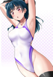 Rule 34 | 1girl, :o, aqua hair, armpits, arms up, black thighhighs, blue hair, breasts, clothes lift, collarbone, covered navel, hair bun, highleg, highleg swimsuit, highres, lifted by self, love live!, love live! sunshine!!, one-piece swimsuit, pink eyes, shirt lift, small breasts, solo, swimsuit, thighhighs, thighs, tsushima yoshiko, white one-piece swimsuit, yopparai oni
