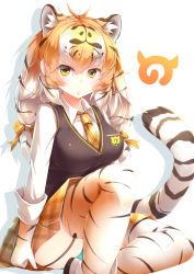 Rule 34 | 1girl, absurdres, animal ear fluff, animal ears, animal print, aqua panties, black hair, collared shirt, commentary, extra ears, garter straps, gloves, hair ribbon, highres, japari symbol, kanzakietc, kemono friends, long hair, long sleeves, looking at viewer, multicolored hair, necktie, orange hair, orange necktie, orange ribbon, orange skirt, panties, panty peek, plaid, plaid necktie, plaid neckwear, plaid ribbon, plaid skirt, print gloves, print thighhighs, ribbon, shirt, siberian tiger (kemono friends), simple background, skirt, solo, tail, thighhighs, tiger ears, tiger print, tiger tail, tress ribbon, underwear, v-shaped eyebrows, vest, white background, white hair, white shirt, wing collar, yellow eyes
