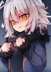Rule 34 | 1girl, beni shake, black dress, blue jacket, breasts, commentary request, dress, fate/grand order, fate (series), fur-trimmed jacket, fur-trimmed sleeves, fur trim, grey hair, hair between eyes, hands up, head tilt, jacket, jeanne d&#039;arc (fate), jeanne d&#039;arc alter (fate), jeanne d&#039;arc alter (ver. shinjuku 1999) (fate), long hair, long sleeves, looking at viewer, official alternate costume, open clothes, open jacket, orange eyes, parted lips, shaded face, small breasts, solo, translation request, upper body, wicked dragon witch ver. shinjuku 1999