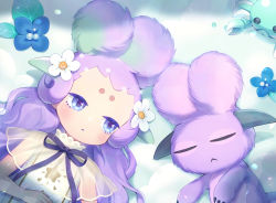 Rule 34 | 1girl, :&lt;, animal, blue eyes, blue flower, character request, closed mouth, crab, creature, dress, closed eyes, flower, forehead, hair flower, hair ornament, highres, livly, livly island, lying, momoshiki tsubaki, on back, on ground, purple hair, see-through, short eyebrows, snow, solo, thick eyebrows, white dress, white flower