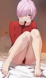 Rule 34 | 1girl, alternate costume, asymmetrical bangs, barefoot, blush, breasts, closed mouth, fate/grand order, fate (series), feet, hair over one eye, heattech leotard, high collar, highres, knees up, large breasts, legs, leotard, light purple hair, long sleeves, looking at viewer, mash kyrielight, purple eyes, red leotard, short hair, sitting, smile, solo, thighs, toenails, toes, turtleneck, yd (orange maru)