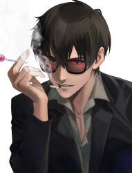 Rule 34 | 1boy, black eyes, black hair, black jacket, candy, cigarette, collared shirt, food, grey shirt, hand up, highres, holding, holding candy, holding food, holding lollipop, jacket, lollipop, long sleeves, male focus, mouth hold, nicholas d. wolfwood, partially unbuttoned, shirt, short hair, simple background, smile, smoke, smoking, solo, sunglasses, trigun, trigun stampede, tte (t ombi), white background