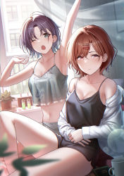 Rule 34 | 2girls, arm up, armpits, asakura toru, bare arms, bare legs, black camisole, black shorts, blurry, blurry foreground, blush, bottle, breasts, brown hair, camisole, cleavage, closed mouth, coffee mug, crop top, crop top overhang, cup, curtains, depth of field, floral print, hair ornament, hairclip, hand up, highres, higuchi madoka, idolmaster, idolmaster shiny colors, indoors, long sleeves, looking at viewer, medium breasts, midriff, mole, mole under eye, mug, multiple girls, navel, niwachichi (maekawasan), off shoulder, one eye closed, open clothes, open mouth, open shirt, parted bangs, plant, potted plant, shirt, short hair, short shorts, shorts, smile, swept bangs, thighs, white shirt, window, yawning
