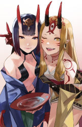 Rule 34 | 2girls, bare shoulders, blazpu, blonde hair, blush, bob cut, breasts, collarbone, eyeliner, facial mark, fate/grand order, fate (series), fingernails, forehead mark, headpiece, highres, horns, ibaraki douji (fate), japanese clothes, kimono, long hair, long sleeves, looking at viewer, makeup, multiple girls, oni, open mouth, pointy ears, purple eyes, purple hair, purple kimono, revealing clothes, sharp fingernails, short hair, shuten douji (fate), skin-covered horns, small breasts, smile, tattoo, wide sleeves, yellow eyes, yellow kimono