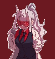 Rule 34 | 1girl, artist request, belt, breasts, dressing, female focus, formal, glasses, goggles, grin, helltaker, highres, horns, lab coat, long hair, looking to the side, loremaster (helltaker), necktie, ponytail, prosthesis, prosthetic arm, red-tinted eyewear, red-tinted glasses, red background, red eyes, red shirt, shirt, smile, smirk, solo, sunglasses, tagme, tinted eyewear, visor, white hair, white horns