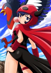 Rule 34 | 00s, 1girl, alternate color, ass, back, bare legs, bird, blue eyes, blue hair, blue sky, bracelet, breasts, bridal garter, cape, chewing gum, cloud, courtney (pokemon), cowboy shot, creatures (company), curly hair, game freak, gen 3 pokemon, hand on own hip, hip focus, hood, hoodie, horns, jacket, jewelry, legs, looking at viewer, lowres, matching hair/eyes, nintendo, no gloves, pokemoa, pokemon, pokemon (creature), pokemon rse, short hair, side slit, sideboob, simple background, skirt, sky, small breasts, solo, standing, swellow, team magma, uniform