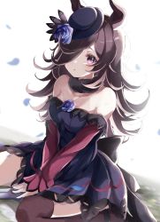 Rule 34 | 1girl, animal ears, backlighting, bare shoulders, breasts, brown hair, brown thighhighs, dress, flower, fur collar, hair flower, hair ornament, hair over one eye, hat, hat over one eye, highres, horse ears, horse girl, long hair, long sleeves, looking at viewer, off-shoulder dress, off shoulder, one eye covered, parted lips, petals, purple eyes, rice shower (umamusume), sa-ya2, sitting, small breasts, solo, thighhighs, umamusume, v arms, wariza, white background