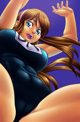 Rule 34 | 1girl, blue eyes, breasts, brown hair, cameltoe, dead or alive, female focus, gradient background, highres, hitomi (doa), large breasts, long hair, masato (mk), one-piece swimsuit, school swimsuit, solo, spread legs, swimsuit, tecmo