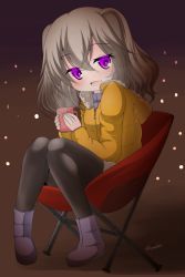 Rule 34 | 1girl, :d, black pantyhose, boots, brown background, brown hair, commentary, cup, fang, hair between eyes, highres, holding, holding cup, jacket, kanijiru, knees together feet apart, knees up, long sleeves, looking at viewer, mug, on chair, open mouth, pantyhose, purple eyes, purple footwear, purple shirt, shirt, sitting, sleeves past wrists, slow loop, smile, snowing, solo, steam, twintails, twitter username, yellow jacket, yoshinaga koi
