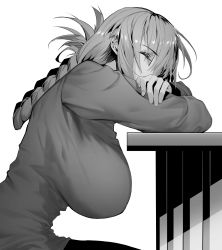 Rule 34 | 1girl, braid, braided ponytail, breasts, closed eyes, fate/grand order, fate (series), florence nightingale (fate), folded ponytail, gloves, greyscale, hanging breasts, highres, hxd, jacket, large breasts, long hair, long sleeves, military jacket, monochrome, sitting, sleeping