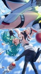 1girl \m/ absurdres black_gloves blue_sky commentary foreshortening gloves green_hair highres long_hair macross macross_frontier midair midriff missile navel one_eye_closed orewajedman ranka_lee red_eyes s.m.s. sky solo