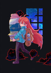 Rule 34 | 1girl, ahoge, backpack, bag, black background, blush, blush stickers, book, book stack, bottle, broken window, celeste (video game), character request, chromatic aberration, commentary request, creature, dark, down jacket, film grain, from side, full body, fuwamoko momen toufu, hair between eyes, highres, holding, holding book, indoors, jacket, long hair, long sleeves, looking at viewer, looking to the side, madeline (celeste), pants, raised eyebrow, red hair, shoes, treasure chest, very long hair, walking, water bottle