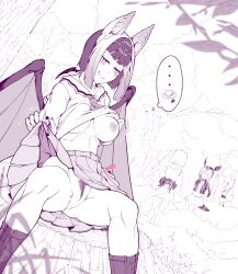 Rule 34 | ..., 4girls, absurdres, animal ears, atlantic puffin (kemono friends), bat ears, bat girl, bat wings, blurry, blurry foreground, boots, breasts, cleft of venus, clothes lift, common vampire bat (kemono friends), day, exhibitionism, fangs, female pubic hair, flashing, gluteal fold, grass, groin, half-closed eyes, heart, hi you (flying bear), highres, kemono friends, large breasts, leaning back, lifting own clothes, looking at another, looking at viewer, medium hair, miniskirt, monochrome, multicolored hair, multiple girls, multiple wings, naughty face, neck wings, no bra, no panties, outdoors, parted lips, pleated skirt, pubic hair, public indecency, pussy, shirt lift, silky anteater (kemono friends), sitting, sitting on tree stump, skin fangs, skirt, skirt lift, smile, smug, solo focus, southern tamandua (kemono friends), spread legs, standing, stomach, teasing, tree, tree stump, wings