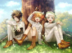 Rule 34 | 1girl, 2boys, absurdres, ahoge, bad id, bad pixiv id, black eyes, black hair, blue eyes, book, boots, bug, butterfly, day, emma (yakusoku no neverland), flower, flower wreath, grass, green eyes, hair over one eye, highres, huge filesize, insect, looking at viewer, md5 mismatch, multiple boys, neck tattoo, norman (yakusoku no neverland), number tattoo, open mouth, orange hair, outdoors, ray (yakusoku no neverland), resolution mismatch, short hair, sitting, smile, source smaller, tattoo, thick eyebrows, tree, uniform, white hair, xino, yakusoku no neverland