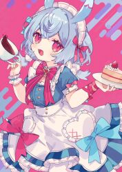Rule 34 | 1girl, :d, alternate costume, apron, blue bow, blue dress, blue hair, bow, bowtie, cake, cake slice, coffee, coffee mug, commentary, cowboy shot, cup, dress, enmaided, fingernails, food, frilled dress, frills, genshin impact, hair ornament, hands up, highres, hisuiyasai, holding, holding cup, holding plate, looking at viewer, low twintails, lower teeth only, maid, maid apron, maid headdress, mug, open mouth, pink background, pink bow, pink bowtie, pink eyes, plate, pom pom (clothes), pom pom hair ornament, short sleeves, sigewinne (genshin impact), smile, solo, symbol-only commentary, teeth, twintails, waist apron, white apron