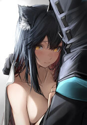 Rule 34 | 1boy, 1girl, absurdres, animal ears, arknights, black gloves, black hair, blush, breasts, closed mouth, clothed male nude female, colored inner hair, doctor (arknights), gloves, highres, large breasts, long hair, male doctor (arknights), multicolored hair, nude, red hair, tab head, tail, texas (arknights), two-tone hair, upper body, wolf ears, wolf tail, yellow eyes