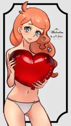 Rule 34 | 1girl, balloon, blush, closed mouth, commentary request, covering breasts, covering privates, creatures (company), echizen (n fns17), eyelashes, framed, game freak, green eyes, grey panties, hair down, hair ornament, heart, heart hair ornament, highres, holding, long hair, looking at viewer, nail polish, navel, nintendo, orange hair, panties, pokemon, pokemon swsh, solo, sonia (pokemon), topless, underwear