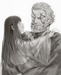 Rule 34 | 1boy, 1girl, ^ ^, artist name, beard, carrying, carrying person, closed eyes, commentary, dango, dated, eating, facial hair, facial tattoo, final fantasy, final fantasy xiv, food, food on face, from side, gosetsu daito, greyscale, hand on another&#039;s shoulder, happy, holding, holding food, hyur, japanese clothes, kimono, long hair, looking at another, monochrome, profile, q6q6tikin, roegadyn, scar, scar on face, short hair, signature, simple background, smile, straight hair, tattoo, twitter username, upper body, wagashi, white background, wide sleeves, yotsuyu goe brutus