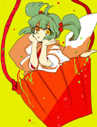 Rule 34 | 1girl, ahoge, bad id, bad pixiv id, barefoot, beads, bucket, green hair, hair beads, hair bobbles, hair ornament, hands on own face, head rest, in bucket, in container, japanese clothes, kimono, kisume, looking at viewer, robe, rope, shimana (cs-ts-az), short hair, simple background, sketch, solo, touhou, twintails, yellow background, yellow eyes