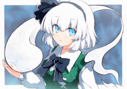 1girl black_bow black_bowtie black_hairband blue_eyes blush bow bowtie eyes_visible_through_hair green_vest hair_between_eyes hairband hand_up highres hitodama hitodama_print konpaku_youmu konpaku_youmu_(ghost) long_sleeves looking_at_viewer paper_texture parted_lips qqqrinkappp shirt short_hair solo touhou upper_body vest white_hair white_shirt wing_collar