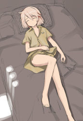 Rule 34 | 1girl, bed, blonde hair, book, closed eyes, collarbone, kuuro kuro, lying, open clothes, open shirt, pillow, raisa pottgen, shirt, short hair, shorts, sleeping, solo, strike witches, underwear, witches of africa, world witches series