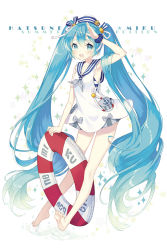 Rule 34 | 1girl, absurdly long hair, aqua eyes, aqua hair, bad id, bad pixiv id, barefoot, blush, character name, dress, full body, hat, hatsune miku, highres, innertube, lifebuoy, long hair, looking at viewer, manle, open mouth, sailor dress, sailor hat, salute, scrunchie, solo, swim ring, twintails, very long hair, vocaloid, wrist scrunchie
