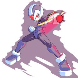 Rule 34 | 1boy, android, arm cannon, armor, bodysuit, copy x (mega man), covered navel, full body, gloves, helmet, looking at viewer, male focus, mega man (series), mega man zero (series), muu (mumumer), red eyes, serious, solo, weapon, white gloves
