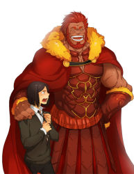 Rule 34 | 2boys, armor, beard, black hair, cape, facial hair, fate/stay night, fate/zero, fate (series), hand on shoulder, iskandar (fate), laughing, male focus, multiple boys, necktie, pteruges, red hair, short hair, size difference, spzhsla, waver velvet